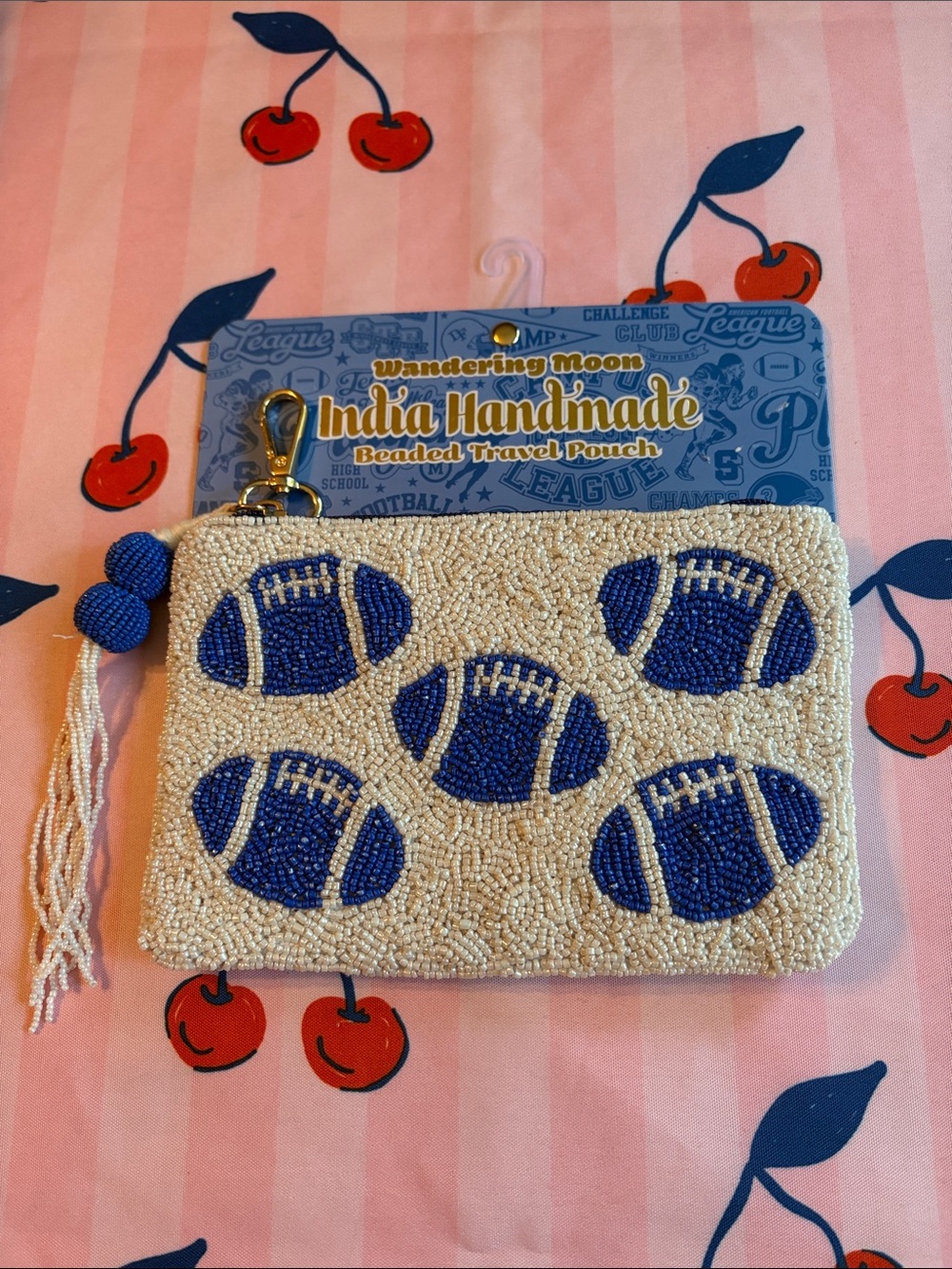 India Handmade Beaded Travel Pouch - White with Blue Footballs and Tassel.